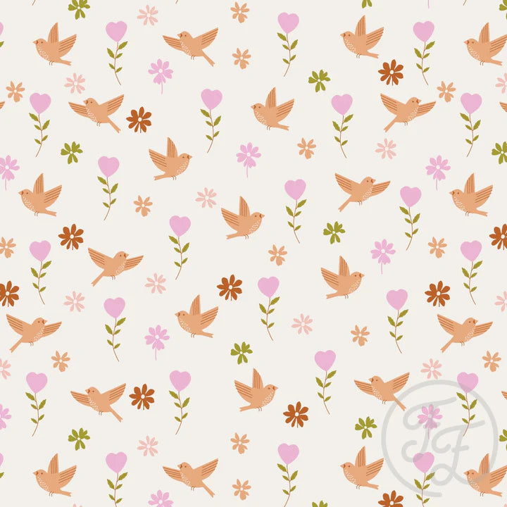 Family Fabrics | Love Birds in Seashell | 106-154 (by the full yard)