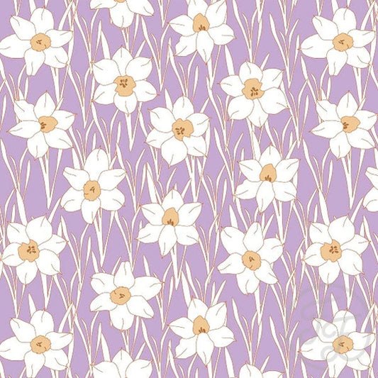 Family Fabrics | Daffodil Flower WITH LEAVES Wisteria Purple | 106-163 (by the full yard)