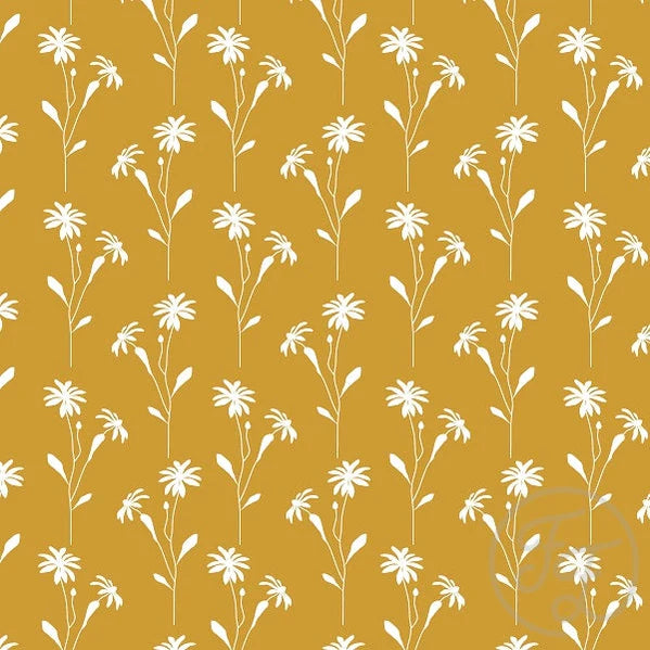 Family Fabrics | Daisy Floral Satin Sheen Gold | 106-165 (by the full yard)