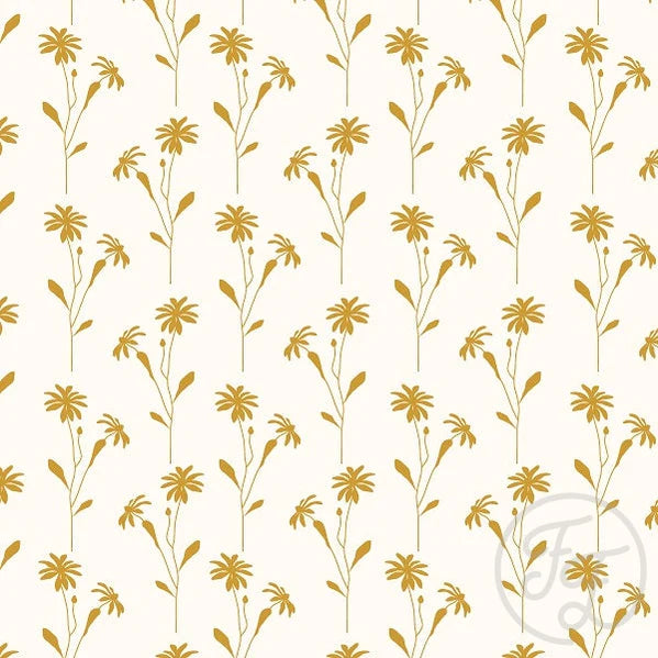 Family Fabrics | Daisy Floral Satin Sheen White-Gold | 106-166 (by the full yard)