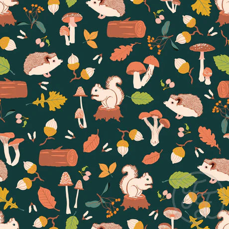 Family Fabrics | Hedgehogs, Squirrels, Acorn in Timber Green | 106-236 (by the full yard)