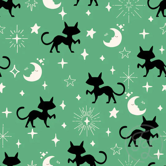 Family Fabrics | Black Cats, Moon & Stars in Dusty Green | 106-239 (by the full yard)