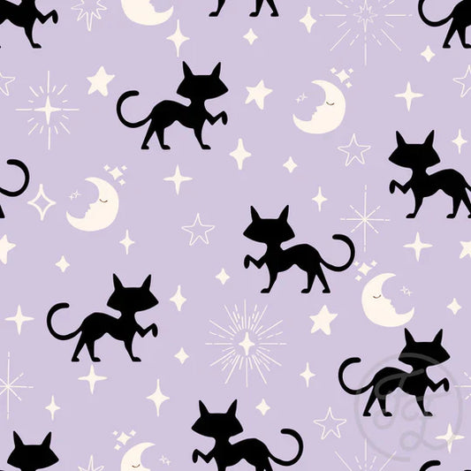 Family Fabrics | Black Cats, Moon & Stars in Purple | 106-240 (by the full yard)