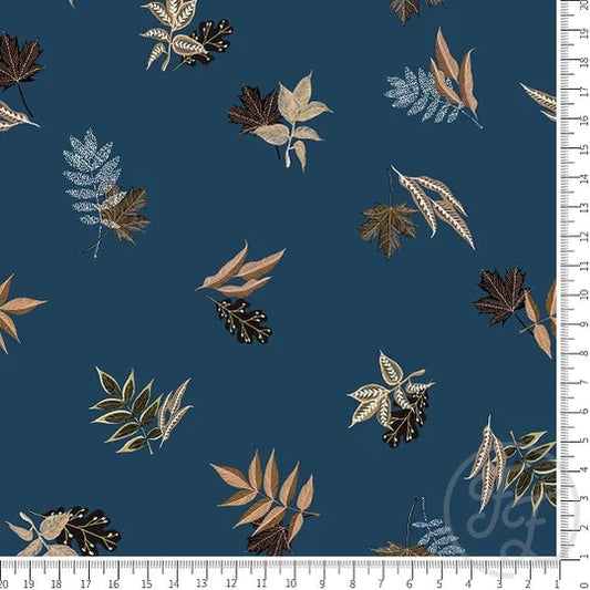 Family Fabrics | Botanical Painted Leaves in Sapphire Blue | 112-111 (by the full yard)
