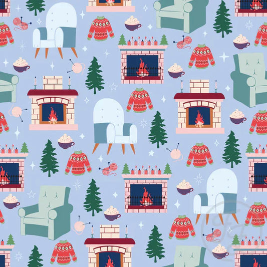 Family Fabrics | Cozy Cabin & Fires Place Lt Blue Gray 106-304 | (by the full yard)