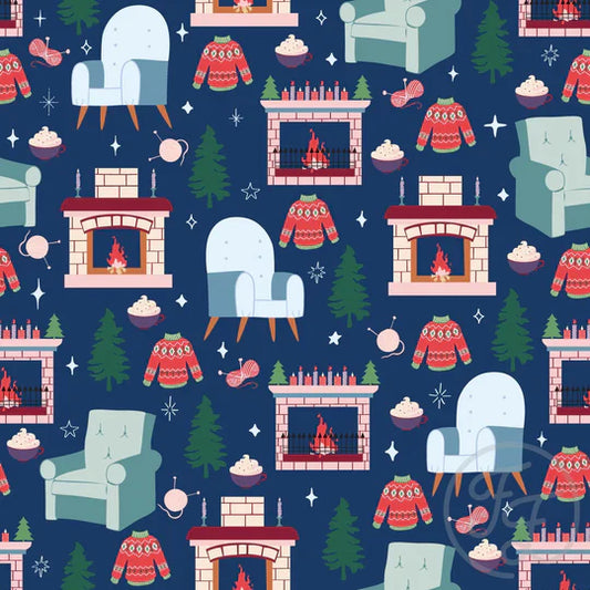Family Fabrics | Cozy Cabin & Fires Place Nile Blue 106-303 | (by the full yard)