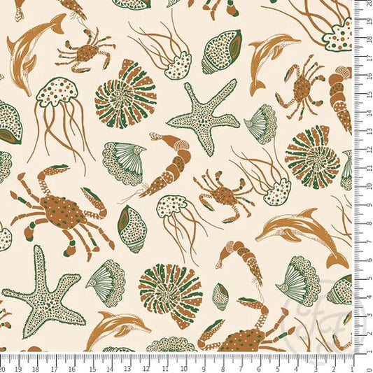 Family Fabrics | Creative Creatures in Tangerine and Pickle Green | 112-118 (by the full yard)