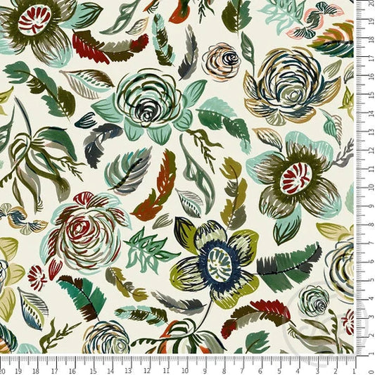 Family Fabrics | Doodle Storks Floral in Green and Red | 112-122 (by the full yard)