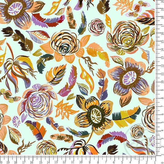 Family Fabrics | Doodle Storks Floral in Orange and Lavender | 112-123 (by the full yard)