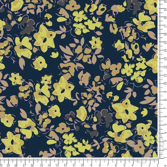 Family Fabrics | Floral Neon in Denim Blue | 112-125 (by the full yard)