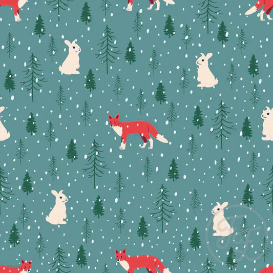 Family Fabrics | Fox & Rabbit Teal Gray 106-305 | (by the full yard)