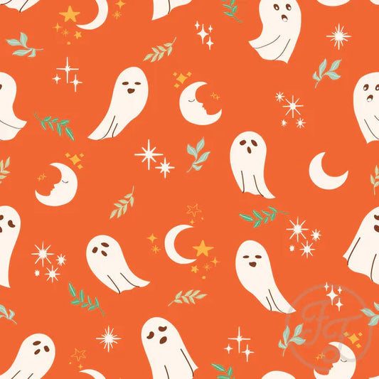 Family Fabrics | Ghost, Stars & Moon in Halloween Orange | 106-245 (by the full yard)
