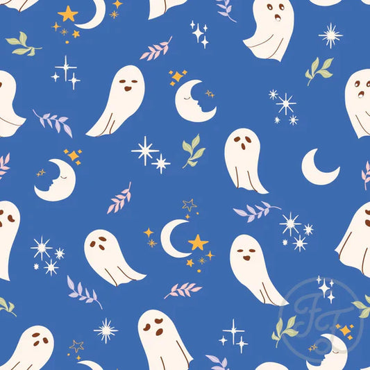 Family Fabrics | Ghost, Stars & Moon in Flat Blue | 106-244 (by the full yard)