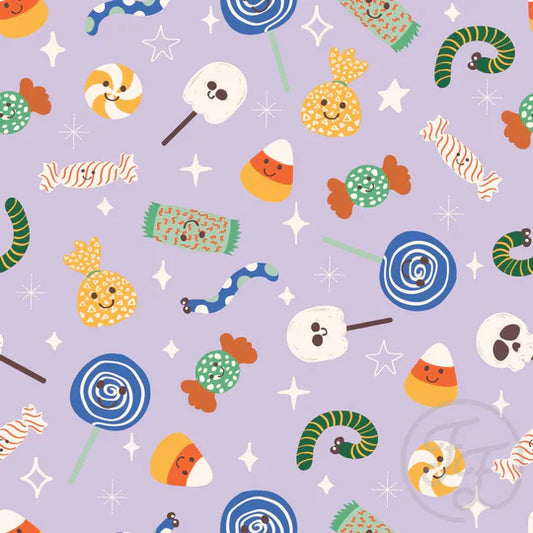 Family Fabrics | Halloween Candies in Periwinkle | 106-247 (by the full yard)