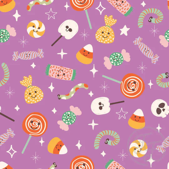 Family Fabrics | Halloween Candies in Dusty Lavender | 106-246 (by the full yard)