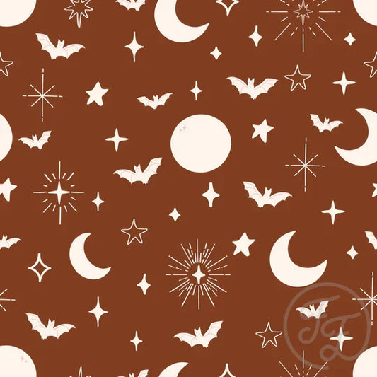 Family Fabrics | Moon, Stars & Bats Halloween in Milk Chocolate | 106-255 (by the full yard)