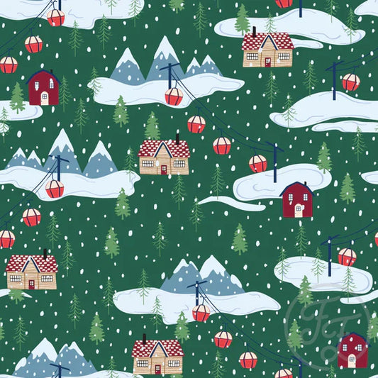Family Fabrics | Snowy Mountain, Cable Car & Trees Green Pea 106-331 | (by the full yard)