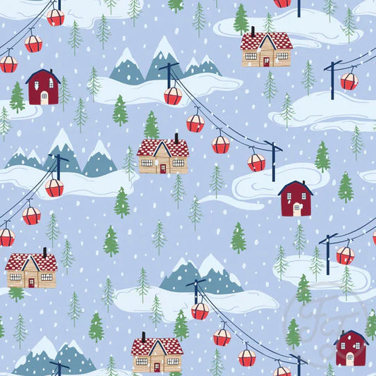 Family Fabrics | Snowy Mountain, Cable Car & Trees Lt Blue Grey 106-332 | (by the full yard)