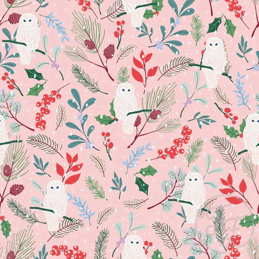 Family Fabrics | Winter Foliage & Snow Owl Lt Rose 106-339 | (by the full yard)
