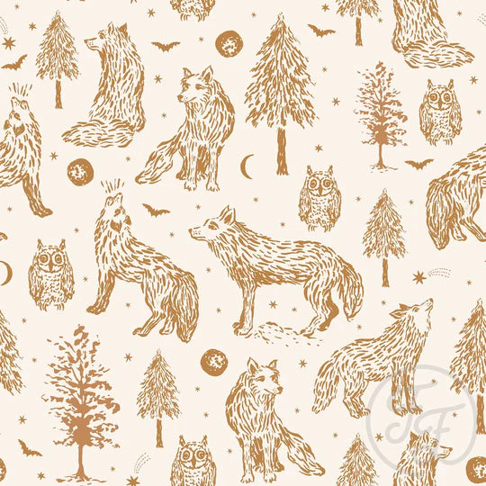 Family Fabrics | Wolves Busy Ochre (6"x6") | 101-275 (by the full yard)