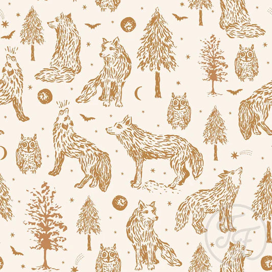 Family Fabrics | Wolves Busy Ochre (6"x6") | 101-275 (by the full yard)