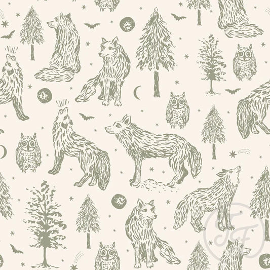 Family Fabrics | Wolves Busy Olive (6"x6") | 101-276 (by the full yard)