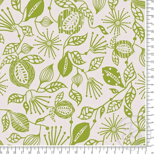 Family Fabrics | Olive Tropical Fruits in White | 112-140 (by the full yard)
